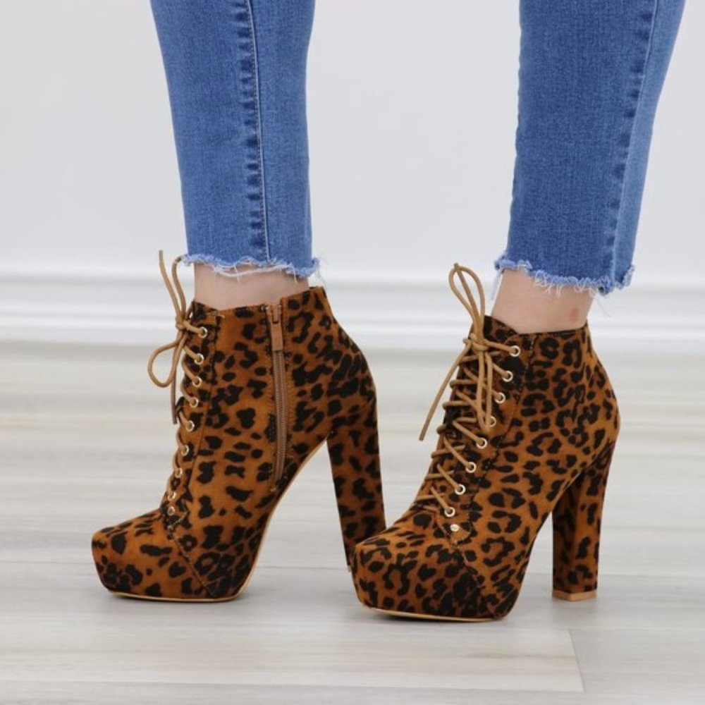 Leopard Print Suede Heeled Ankle Booties - Picture 3 of 11